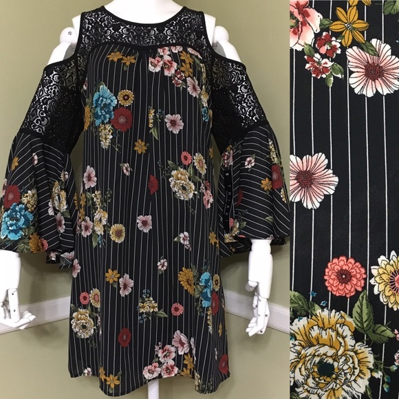 Trixxi Dresses & Skirts - Trixxi Cold Shoulder Lace Stripes Floral Shift